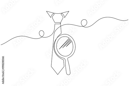 Magnifying glass and tie continuous one line drawing minimalist business search or audit illustration