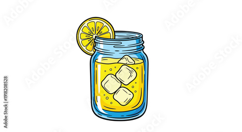 A colorful illustration of a mason jar filled with lemonade and ice