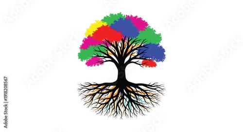 A colorful tree with dark branches and roots against a white background