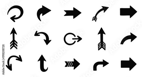 Collection of black arrow symbols indicating various directions and rotations