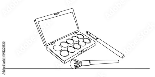 Continuous one line of a makeup palette with a brush, representing beauty accessories, drawn illustration.