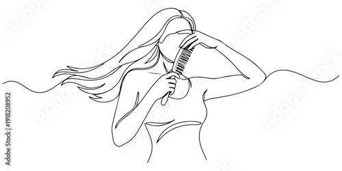 Continuous one line of a woman combing her long flowing hair, symbolizing grooming and self-love, drawn illustration.