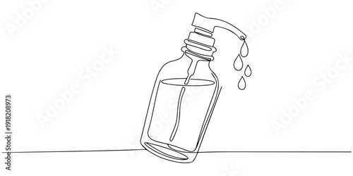 Continuous one line of a massage oil bottle with drops, representing spa essentials, drawn illustration.