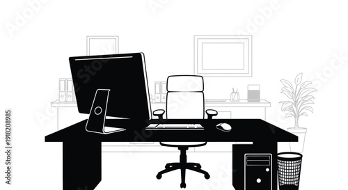 Minimalist black and white illustration of a modern home office setup