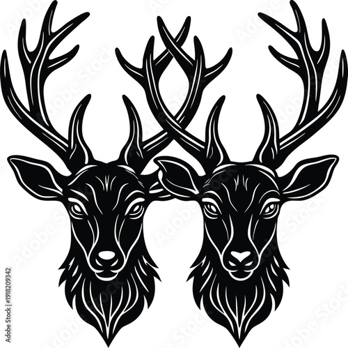 Two majestic deer heads with intricate antlers facing opposite directions in a bold monochrome design