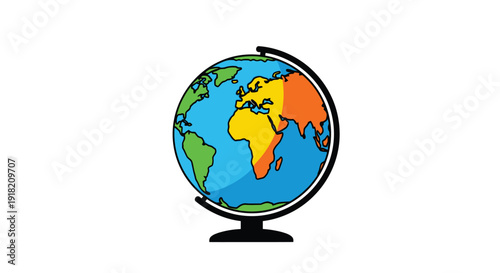 Colorful cartoon globe illustration with continents and a stand