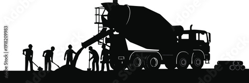 Construction Site Silhouette Featuring Concrete Mixer Truck and Workers with Shovels for Building Industry Infrastructure and Industrial Engineering Project Graphics