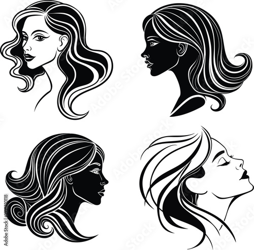 Elegant vintage illustrations of four distinct hairstyles in profile view