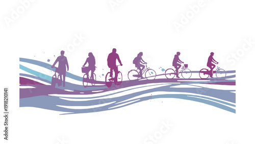 Commuters riding bicycles to work on a wavy road with a clean white background and artistic design elements