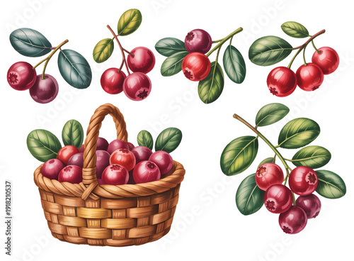 Hand painted watercolor cranberry branches and basket harvest collection isolated on white background.