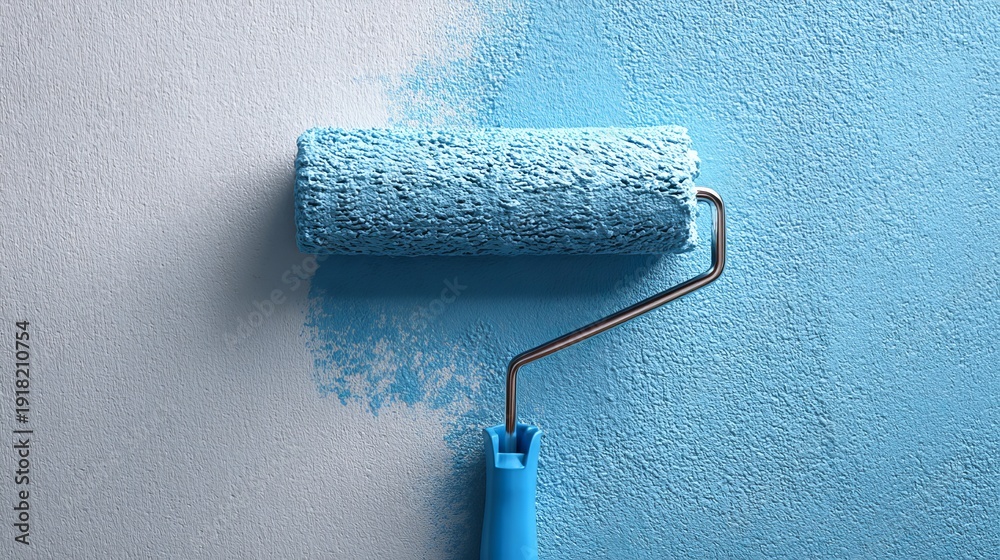Obraz premium A paint roller applying blue paint to a textured wall surface