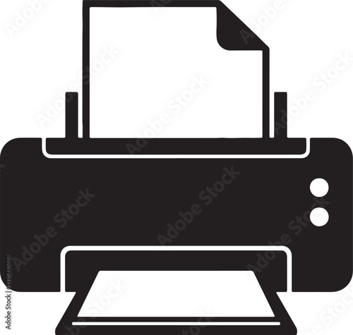 Black and white simple of a printer with paper output tray and paper in feeder also transparent background