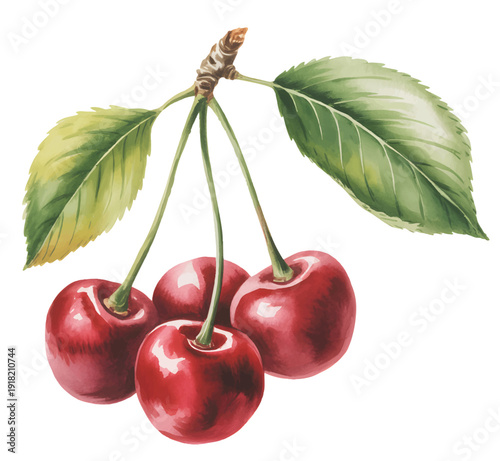 Hand painted watercolor red cherries in wooden bowl isolated on white background.