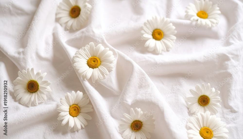 Obraz premium Seamless Daisy Pattern on White Linen Fabric Background for Textile Design