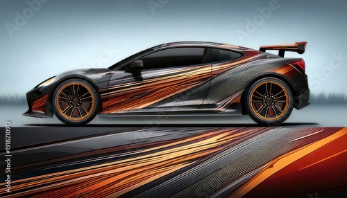Sleek Sports Car with Dynamic Orange and Black Design.