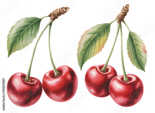 Fresh ripe sweet cherries natural watercolor fruit illustration.