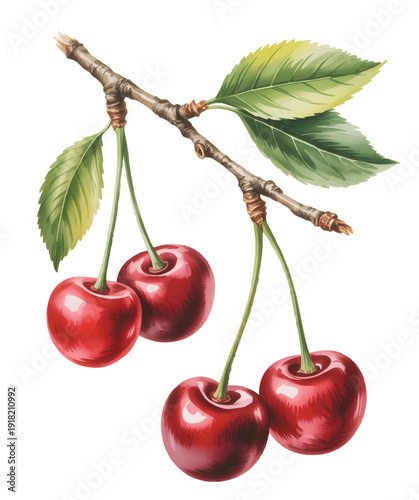 Fresh ripe sweet cherries natural watercolor fruit illustration.