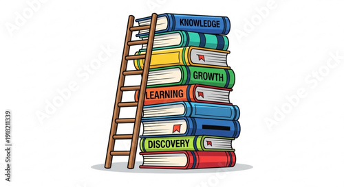 Stack of colorful books with ladder representing knowledge growth learning discovery