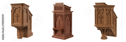Fotografie Three Ornate Wooden Church Pulpits with Gothic Carvings Isolated on White Backgr
