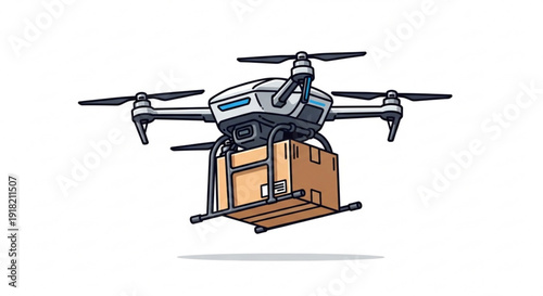 Drone carrying a cardboard box in flight with propellers spinning fast