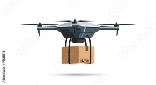 Drone carrying a cardboard box in flight with propellers spinning fast on white background for delivery concept
