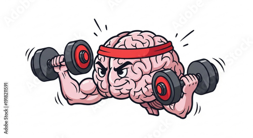 Cartoon brain lifting dumbbells symbolizing mental strength and cognitive fitness with a muscular pink brain wearing a red sweatband