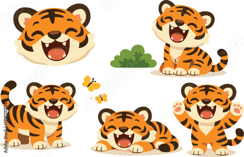 Adorable Cartoon Baby Tigers Collection - Playful Wild Animal Cubs with Happy Expressions and Iconic Stripes, Perfect for Kids Design, Education, and Fun Projects.