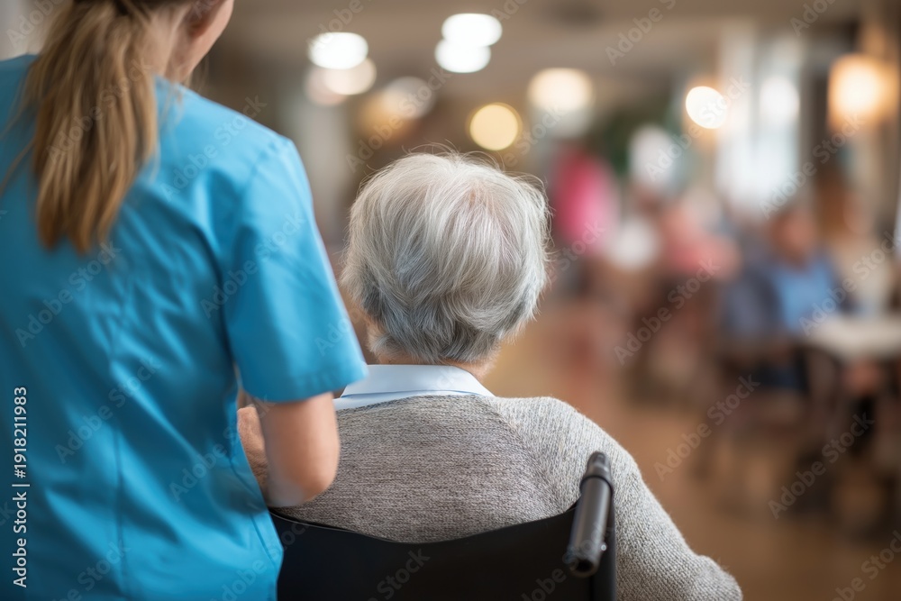 Fototapeta premium Caregiver Pushing a Senior Woman in a Wheelchair, Seen from Behind