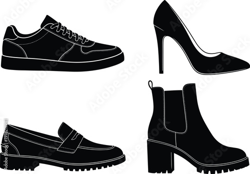 Set of Mens Footwear Silhouettes Including Lace Up Combat Boots Leather Loafers and Formal Dress Shoes for Professional Fashion Retail