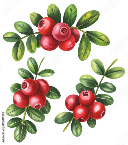 Botanical watercolor illustration of ripe cranberries on leafy branch in natural hand painted style.