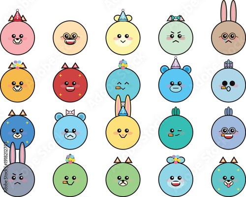 Cute Cartoon Animal Faces Vector Set Isolated White Background