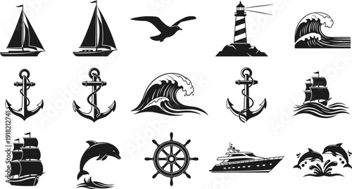 Nautical icons, sailboats, lighthouse, anchors, dolphins, ocean waves, ship wheel, yacht, maritime symbols, seagull illustration, sailing ship silhouettes, marine design elements