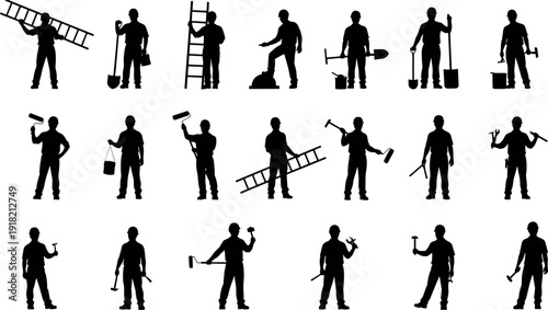 Construction worker silhouettes, manual labor icons, building tools illustration, maintenance repair figures, construction site teamwork, industrial workforce vector, construction activities silhouett