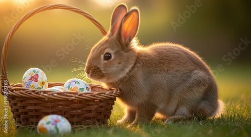 Wallpaper Mural A cute brown rabbit sitting next to a wicker Easter basket Torontodigital.ca