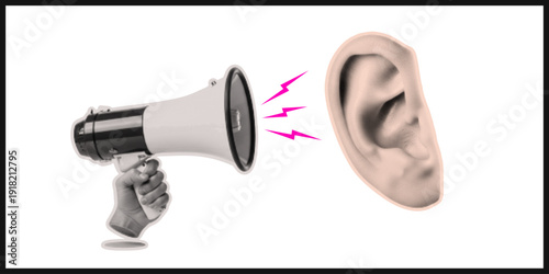 Pop art close up megaphone shouting at oversized ear with halftone texture pink sound lines on white background low angle hand holding strong contrast graphic communication