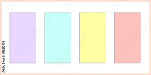 Minimal pastel stationery flat lay four vertical colored cards with soft shadows arranged on white background in landscape composition with subtle peach border and soft lighting
