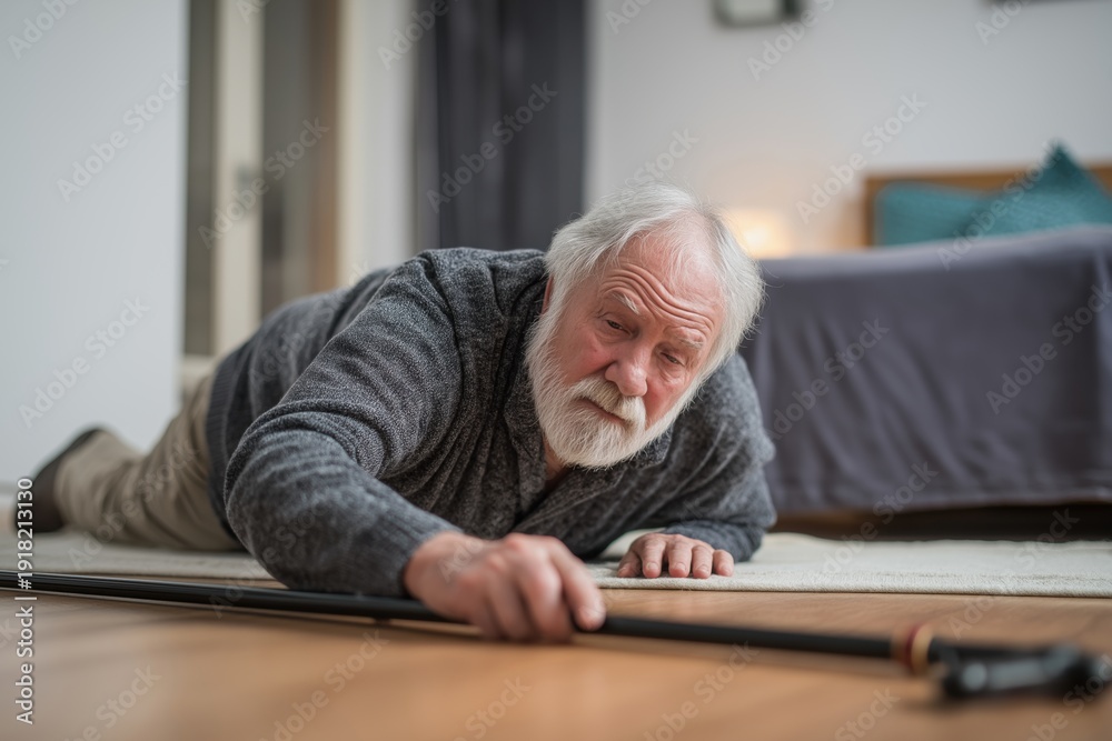 Fototapeta premium Elderly Man Fallen and Reaching for His Cane on the Floor
