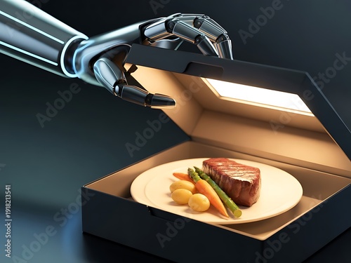 Robotic Hand Inspecting Gourmet Steak Dinner with Vegetables Under Spotlight