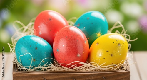 Wallpaper Mural A wooden box filled with colorful Easter eggs on a table Torontodigital.ca