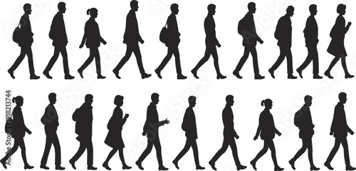Silhouette people walking in rows, diverse postures, clothing styles, human movement illustration, behavioral study concept, biomechanics, animation reference, diversity