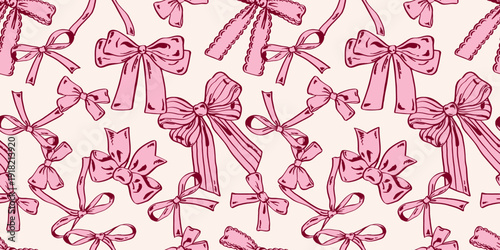 Coquette seamless pattern with pink ribbon bows, hearts and floral accents on soft cream background. Romantic feminine texture for fabric, gift wrap, stationery, bridal invites and packaging prints.