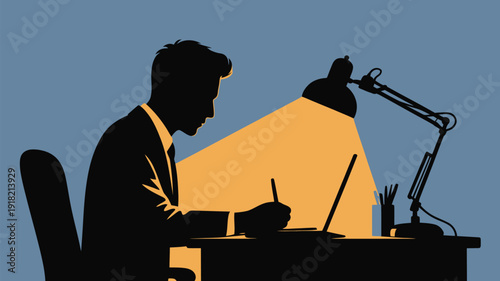 Entrepreneur Working Late Night at Home Office Silhouette with Desk Lamp and Computer Setup