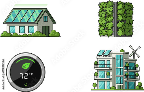 Eco-friendly living illustration, solar panels, vertical garden, smart thermostat, sustainable architecture, renewable energy, wind turbine, modern green apartment building, urban sustainability desig