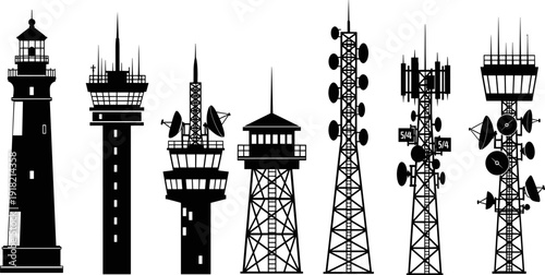 Silhouette illustration of lighthouse, observation tower, telecommunications tower, radio tower, broadcast tower, communication infrastructure, antennas and satellite dishes, black and white design