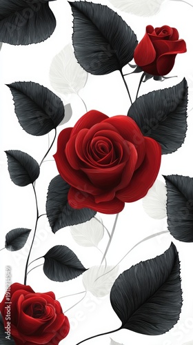 A vibrant illustration of red roses with black leaves against a white background, perfect for floral design projects, invitations, or as a decorative element in various creative works,