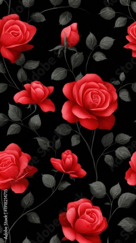 A stylish pattern featuring vibrant red roses against a dark background, suitable for textile design, wallpaper, or digital graphics, Perfect for floral invitations or romantic branding projects,