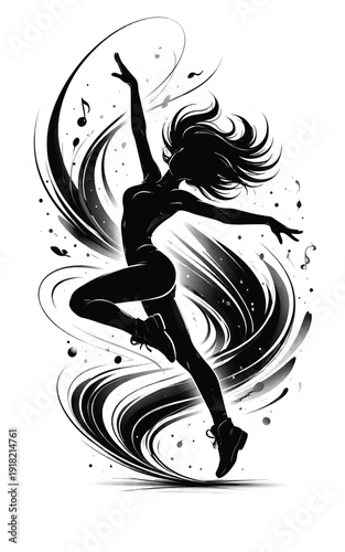 Yoga Dancer Pose Silhouette Illustration with Dynamic Motion Swirl Design