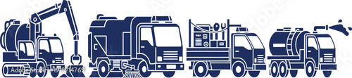Collection of Dark Blue Construction and Sanitation Vehicles on White Keywords: construction vehicles, sanitation trucks, excavator
