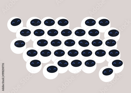 An array of robots with round bodies and expressive faces gathers together, forming a lively assembly in a bright, imaginative environment, showcasing creativity and technology in harmony.