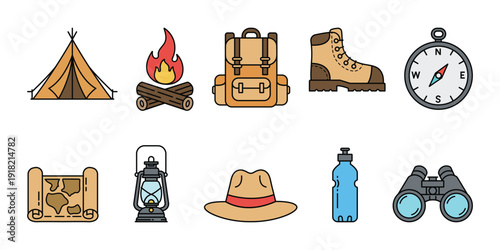 Camping Adventure Hiking Equipment Icon Vector Set 